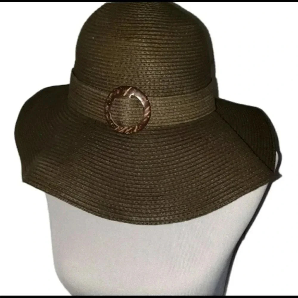 Brown wide rim floppy hat paper polyester
